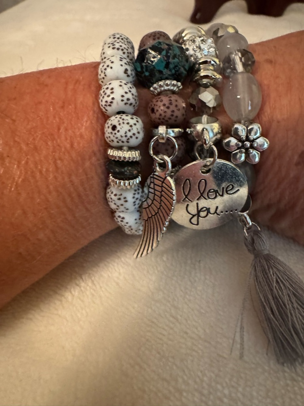 Boho Stacked Beaded Charm Bracelets - White, Brown, Gray, Silver - Picture 3 of 3